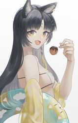  :d aiv animal_ears animal_print arknights bikini black_hair blush breasts dog_print earrings female food from_side hair_ornament hairclip hand_up happy holding holding_food holding_swim_ring innertube jewelry long_hair looking_at_viewer looking_back oerba_yun_fang saga_(arknights) single_earring small_breasts smile solo swim_ring swimsuit upper_body very_long_hair x_hair_ornament yellow_eyes 