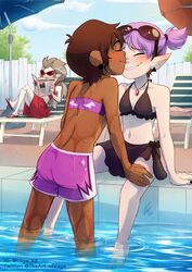  3girls amity_blight back bikini blue_sky blush brown_hair cloud dark-skinned_female dark_skin day edalyn_clawthorne happy highres holding holding_newspaper interracial jewelry kissing kissing_nose luz_noceda male_swimwear multiple_girls necklace newspaper outdoors pointy_ears pool purple_hair reading signature sky smile sunglasses swim_trunks swimsuit the_owl_house twitter_username umbrella vago white_hair yuri 