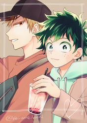  2boys :3 bakugou_katsuki baseball_cap beige_background blonde_hair boku_no_hero_academia cup disposable_cup drinking_straw freckles green_hair green_hoodie hat heart highres holding holding_cup hood hoodie looking_at_viewer male_focus midoriya_izuku multiple_boys profile red_eyes simple_background spiked_hair teeth twitter_username ume_(326310) 