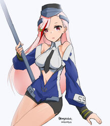  black_necktie black_skirt blonde_hair blue_jacket breasts cowboy_shot dated female headgear invisible_chair jacket kangoku_kou kantai_collection long_hair looking_at_viewer massachusetts_(kancolle) medium_breasts midriff military military_uniform multicolored_clothes multicolored_hair multicolored_jacket necktie one-hour_drawing_challenge pencil_skirt pole red_eyes red_hair shirt simple_background sitting skirt sleeveless sleeveless_shirt solo streaked_hair twitter_username uniform white_background white_shirt 