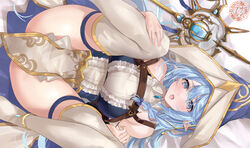  anklet blue_eyes blue_hair blush braid breast_strap breasts duel_monster female hat highres jewelry large_breasts light_blue_hair long_hair long_sleeves lying m_legs mexif on_back open_mouth pointy_ears pointy_hat puffy_long_sleeves puffy_sleeves second-party_source solo staff water_enchantress_of_the_temple witch_hat yu-gi-oh! 