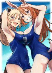  2girls absurdres animal_ears armpits ass blonde_hair breast_press breasts charlotte_e._yeager covered_navel grin hair_ribbon highres katharine_ohare large_breasts long_hair looking_at_viewer multiple_girls new_school_swimsuit oerba_yun_fang one-piece_swimsuit orange_hair rabbit_ears rabbit_girl rabbit_tail raccoon_ears raccoon_girl ribbon school_swimsuit skin_fang smile strike_witches strike_witches:_suomus_misfits_squadron swimsuit symmetrical_docking tail tama_kitsune wet world_witches_series 