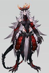  animal_feet armor breasts chains claws closed_mouth digitigrade dragon_girl dragon_horns dragon_tail female fire flaming_horns full_body gods0_0 grey_background grey_hair hair_between_eyes highres horns long_hair looking_at_viewer medium_breasts monster_girl orange_horns original parted_lips sideless_outfit sidelocks simple_background solo spiked_hair standing tail very_long_hair yellow_eyes 