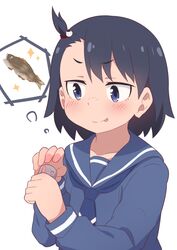  black_hair blue_eyes blush cat_hair_ornament chum female fish fish_(food) fried_fish hair_ornament hatafuta hodaka_natsumi houkago_teibou_nisshi sailor_collar school_uniform serafuku short_hair simple_background solo tongue tongue_out white_background 