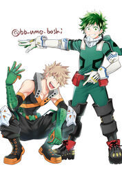  2boys bakugou_katsuki bare_shoulders blonde_hair bodysuit boku_no_hero_academia boots explosive freckles gloves green_bodysuit green_eyes green_gloves green_hair grenade grin highres hood hood_down hooded_bodysuit looking_at_viewer male_focus mask midoriya_izuku multiple_boys open_mouth pectorals red_eyes simple_background smile spiked_hair squatting tongue tongue_out twitter_username ume_(326310) unworn_mask v-shaped_eyebrows white_background white_gloves 