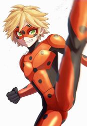  1boy adrien_agreste blonde_hair bodysuit cosplay domino_mask earrings green_eyes high_kick highres hm89509321 jewelry kicking ladybug_(character) ladybug_(character)_(cosplay) male_focus mask miraculous_ladybug polka_dot short_hair smile solo teeth 