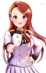  :d blush brown_hair female floating_hair hand_on_own_hip highres idolmaster idolmaster_(classic) jacket long_hair long_sleeves looking_at_viewer marching_band military_jacket minase_iori open_mouth pleated_skirt red_eyes runmo77 signature simple_background skirt smile solo standing very_long_hair white_background white_jacket white_skirt 