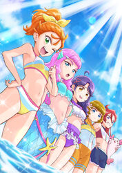  5girls absurdres ahoge animal aqua_eyes bikini bikini_bralette blue_eyes blush bodysuit bow brown_hair commentary diving_suit eyelashes frilled_bikini frills green_eyes hair_ornament hairbow hairclip happy highres ichinose_minori itou_shin&#039;ichi jewelry kururun_(precure) laura_la_mer laura_la_mer_(mermaid) light_blush long_hair looking_at_viewer medium_hair mermaid monster_girl multiple_girls natsuumi_manatsu navel ocean one_eye_closed orange_hair pink_hair ponytail precure purple_eyes purple_hair red_hair ring seal_(animal) short_hair sky smile standing suzumura_sango swimsuit takizawa_asuka tankini thumbs_up tropical-rouge!_precure wavy_hair wetsuit yellow_eyes 