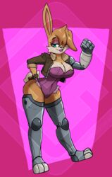  anthro archie_comics big_breasts breasts buckteeth bunnie_rabbot cleavage clothed clothing cybernetic_arm cybernetic_leg cybernetic_limb cybernetics cyborg diamond_grenadier eyeshadow female hi_res jacket lagomorph leather leather_clothing leather_jacket leather_topwear leotard leporid machine makeup mammal one_eye_closed rabbit scut_tail sega short_tail solo sonic_the_hedgehog_(archie) sonic_the_hedgehog_(comics) sonic_the_hedgehog_(series) tail teeth topwear 