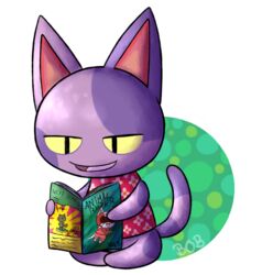  2016 alpha_channel animal_crossing anthro bob_(animal_crossing) bottomless character_name clothed clothing comic_book domestic_cat felid feline felis kid_cat_(animal_crossing) male mammal nintendo open_mouth open_smile purple_body purple_mouth purple_tongue reading simple_background smile solo tanukky tongue transparent_background yellow_sclera 