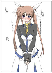  black_border black_shirt blouse blush border breasts brown_hair cleavage commentary elf_(stroll_in_the_woods) female fingerless_gloves gloves hair_ribbon heartbeat highres long_skirt long_sleeves looking_at_viewer lyrical_nanoha magical_girl mahou_shoujo_lyrical_nanoha_strikers medium_breasts open_mouth own_hands_together pleated_skirt purple_eyes ribbon shirt skirt solo standing strapless sweatdrop takamachi_nanoha takamachi_nanoha_(exceed_mode) translated twintails white_ribbon white_shirt white_skirt 