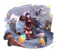  absurdres alternate_costume azur_lane black_hair bleachers breasts cleavage cleavage_cutout clothing_cutout commentary_request confetti drone female flag highres holographic_interface horns kiliza kneeling manjuu_(azur_lane) noshiro_(azur_lane) official_style oni_horns purple_eyes race_queen racetrack sakura_empire_(emblem) traffic_cone 