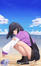  absurdres beach black_hair black_shorts blue_sky boots canine closed_mouth cloud commentary day denim denim_shorts female fukayama_(0ppaityuki) hand_on_own_arm highres long_hair long_sleeves looking_at_viewer ocean outdoors purple_shirt red_eyes romero_(zombie_land_saga) sand shirt short_shorts shorts sky solo squatting striped_clothes striped_shirt very_long_hair yamada_tae zombie zombie_land_saga 