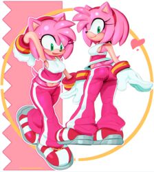  absurd_res accessory amy_rose anthro ass bodily_fluids breasts cashumeru clothing eulipotyphlan female fingers footwear gloves green_eyes hair_accessory hairband handwear hedgehog hi_res mammal multiple_poses navel open_mouth open_smile pose sega shoes signature smile solo sonic_the_hedgehog_(series) sweat 