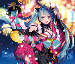  aqua_hair bad_id bad_pixiv_id black_skirt bow commentary_request criss-cross_halter female fireworks folding_fan frilled_skirt frills hair_ribbon hairbow halterneck hand_fan hand_up hatsune_miku holding holding_fan japanese_clothes kimono long_hair looking_at_viewer magical_mirai_(vocaloid) magical_mirai_miku magical_mirai_miku_(2020_summer) night night_sky open_mouth partial_commentary ribbon shiomizu_(swat) skirt sky smile solo twintails very_long_hair vocaloid yukata 