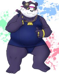  2020 4:5 alp_(tas) anthro bear belly blush bodily_fluids clothed clothing fur giant_panda hat headgear headwear hi_res humanoid_hands kemono lifewonders male mammal one-piece_swimsuit overweight overweight_anthro overweight_male purple_body purple_fur school_swimsuit solo sweat swimwear tokyo_afterschool_summoners white_body white_fur yaki_atsuage 