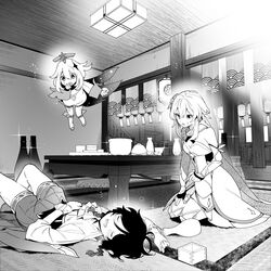  1boy 2girls alcohol blush bottle bow bowtie braid cabbie_hat cape closed_eyes cup dress drink drunk fairy genshin_impact greyscale halo hat hidakarumen indoors lantern long_sleeves looking_at_viewer lumine_(genshin_impact) lying monochrome multiple_girls on_back on_floor otoko_no_ko paimon_(genshin_impact) pantyhose romper sakazuki sake sake_bottle scarf shorts sleeping sparkle sweatdrop table tatami twin_braids venti_(genshin_impact) white_romper wine_bottle 