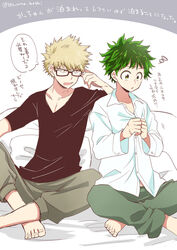  2boys bakugou_katsuki black_shirt blonde_hair boku_no_hero_academia crossed_legs dressing freckles glasses green_eyes green_hair looking_at_another male_focus midoriya_izuku multiple_boys on_bed open_mouth pillow red_eyes scar scar_on_hand shirt sitting speech_bubble spiked_hair twitter_username ume_(326310) white_shirt 