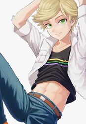  1boy adrien_agreste belt black_shirt blonde_hair blue_pants closed_mouth clothes_lift green_eyes highres hm89509321 jacket male_focus midriff miraculous_ladybug navel open_clothes open_shirt pants shirt shirt_lift short_hair smile solo stomach white_jacket 