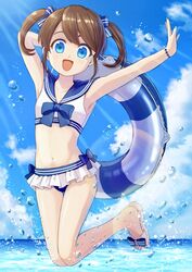  bikini blue_eyes blue_ribbon brown_hair female hair_ornament hair_ribbon highres hm89509321 innertube nail_polish navel neckerchief ocean open_mouth original ribbon sailor_collar sandals stomach swim_ring swimsuit twintails upper_body 