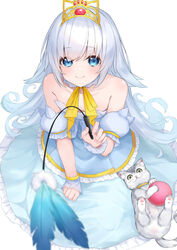  animal ball bare_shoulders blue_dress blue_eyes blue_sleeves blurry blurry_foreground blush closed_mouth collarbone commentary_request depth_of_field detached_sleeves dress feline female frilled_dress frills green_eyes grey_hair hashiko_nowoto highres holding long_hair looking_at_viewer lying nail_polish on_back original pink_nails puffy_short_sleeves puffy_sleeves short_sleeves smile solo strapless strapless_dress tiara very_long_hair white_background white_hair wrist_cuffs 