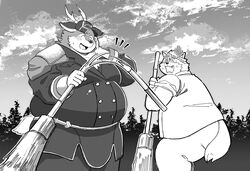  2022 anthro belly big_belly canid canine canis clothed clothing deer domestic_dog duo hat headgear headwear hi_res kazusa kemono male mammal monochrome musashi_(tamacolle) outside overweight overweight_male sv_grart tamacolle 