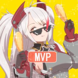  :q antenna_hair azur_lane bad_id bad_pixiv_id black_gloves breasts commentary cross deal_with_it_(meme) female food gloves headgear holding holding_food iron_cross kuroshiro_gurei long_hair long_sleeves looking_at_viewer meme mole mole_on_breast multicolored_hair mvp orange_eyes prinz_eugen_(azur_lane) red_hair simple_background solo sparkle streaked_hair sunglasses tongue tongue_out two_side_up upper_body white_hair yellow_background 