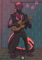  2023 2_horns anthro barefoot belt black_bottomwear black_clothing black_pants black_topwear black_vest bottomwear brick_wall bulge can chest_tuft claws clothing collar container demon ear_piercing eighth_note facial_hair facial_piercing feet fingerless_gloves fur gauged_ear gloves goatee guitar hair handwear hi_res holding_musical_instrument holding_object horn long_tail male musical_instrument musical_note musician nipple_piercing nipple_ring nipples nose_piercing nose_ring open_mouth orange_eyes orion_(vaisz) pants performing piercing playing_music plucked_string_instrument purple_body purple_claws purple_fur purple_horn red_hair red_sclera ring_piercing septum_piercing septum_ring solo spiked_collar spikes street_performer string_instrument studded_belt studs tail tail_mane toe_claws topwear tuft vaisz vest wall_(structure) 