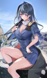  258n absurdres adapted_costume armor blue_hair blurry breasts chromatic_aberration cleavage dark_blue_hair day depth_of_field dress female foot_out_of_frame hat highres holding holding_tripod iizunamaru_megumu large_breasts legs light_smile long_hair outdoors pauldrons pink_eyes pom_pom_(clothes) scarf short_dress shoulder_armor single_pauldron sitting sky solo tokin_hat touhou tripod very_long_hair 