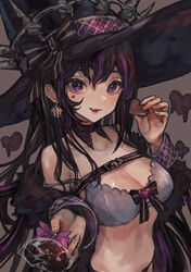  :d absurdres bare_shoulders black_hair breasts chocolate cleavage earrings facial_mark female hat highres jewelry long_hair looking_at_viewer multicolored_hair oerba_yun_fang original purple_eyes purple_hair sabamiso_taro skin_fang smile solo streaked_hair two-tone_hair witch_hat 