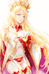  bare_shoulders blonde_hair bow breasts cleavage commentary crown dress europa_(fate) fate/grand_order fate_(series) female garter_straps highres large_breasts lielac long_hair long_sleeves looking_at_viewer navel parted_lips photoshop_(medium) purple_eyes red_bow red_nails short_dress simple_background smile solo symbol-only_commentary thighhighs thighs very_long_hair white_background white_dress wide_sleeves 