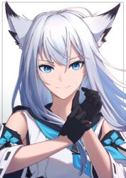  animal_ears appl3 azur_lane black_gloves blue_eyes blue_neckerchief female gloves highres kawakaze_(azur_lane) long_hair looking_at_viewer neckerchief sailor_collar simple_background solo upper_body white_background white_hair wide_sleeves 