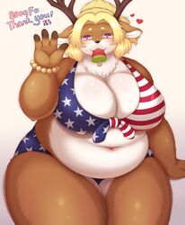  4_fingers :3 alternative_fashion american_flag american_flag_bikini anthro antlers belly big_belly big_breasts bikini biped blonde_hair blue_bottomwear blue_clothing blue_topwear bottomwear bracelet breasts brown_antlers brown_body brown_ears brown_fur brown_horn brown_nose chest_tuft cleavage clothed clothing colored countershade_face countershade_legs countershade_torso countershading curvy_figure deep_navel deer digital_media_(artwork) female fingerless_(marking) fingers flag flag_bikini flag_clothing flag_print flag_swimwear food front_view fruit fully_clothed fur ganguro_(fashion) gesture glistening glistening_body glistening_breasts glistening_fur gyaru hair heart_reaction heart_symbol hi_res horn huge_breasts humanoid_hands j-fashion jewelry kemono looking_at_viewer mammal melon midriff milestone monotone_hair mouth_hold multicolored_body multicolored_fur navel new_world_deer overweight overweight_anthro overweight_female pink_eyes pink_pupils plant popsicle popsicle_in_mouth portrait print_bikini print_clothing print_swimwear pupils red_clothing red_topwear reindeer shaded shibaemonxsk simple_background smile solo standing swimwear thick_thighs three-quarter_portrait topwear tuft two_tone_body two_tone_fur united_states_of_america voluptuous watermelon watermelon_popsicle watermelon_slice waving white_background white_body white_countershading white_fur white_inner_ear wide_hips 