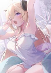  absurdres ahoge animal_ears armpits blonde_hair blush breasts cleavage dress eat_some_cookie female hair_between_eyes hair_ornament highres hololive horns large_breasts long_hair md5_mismatch one_eye_closed open_mouth purple_eyes resolution_mismatch sheep_ears sheep_girl sheep_horns solo source_smaller teeth tsunomaki_watame upper_teeth_only virtual_youtuber white_dress 