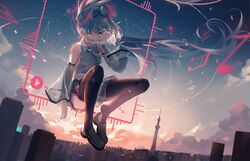  alternate_costume black_thighhighs cityscape commentary constellation detached_sleeves dleung female floating_hair hatsune_miku highres hologram long_hair midair musical_note necktie play_button see-through see-through_sleeves sitting solo sunrise tattoo thighhighs tokyo_skytree tower twintails vocaloid 