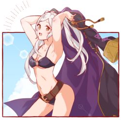  arms_up belt bikini breasts brown_eyes cleavage female fire_emblem fire_emblem_awakening fire_emblem_heroes kona_(rabbitrabbit2037) navel o-ring o-ring_bikini open_mouth robin_(female)_(fire_emblem) robin_(female)_(summer)_(fire_emblem) robin_(fire_emblem) solo swimsuit twintails white_hair 