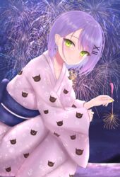  blush bob_cut chocomaru closed_mouth ear_piercing earrings female fireworks green_eyes hair_ornament hairclip highres holding holding_fireworks hololive japanese_clothes jewelry kimono looking_at_viewer multicolored_hair obi outdoors piercing pink_hair pink_kimono pointy_ears print_kimono purple_hair sash senkou_hanabi short_hair smile solo sparkler squatting streaked_hair swept_bangs tokoyami_towa virtual_youtuber wide_sleeves yukata 