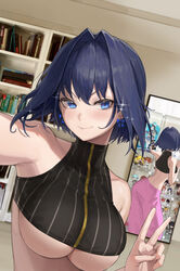  absurdres bare_shoulders blue_eyes blue_hair book bookshelf breasts cellphone closed_mouth commentary crop_top earrings fate_testarossa female figure hair_between_eyes hair_intakes highres holding holding_phone hololive hololive_english indoors jewelry k-on! large_breasts light_blush light_smile looking_at_viewer love_live! love_live!_school_idol_project lyrical_nanoha maenoo mahou_shoujo_lyrical_nanoha mirror nakano_azusa nishikino_maki otaku_room ouro_kronii outstretched_arm pants phone photo_background pink_pants reflection selfie short_hair sinon skindentation smartphone solo sparkle sword_art_online takamachi_nanoha tojo_nozomi underboob upper_body v v-shaped_eyebrows virtual_youtuber yazawa_nico zipper zipper_pull_tab 