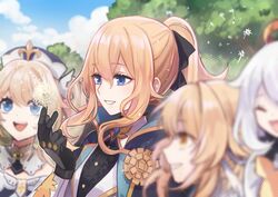  4girls barbara_(genshin_impact) blonde_hair blue_sky capelet closed_eyes genshin_impact gloves hair_ribbon hakamii hat jean_(genshin_impact) jean_(gunnhildr&#039;s_legacy)_(genshin_impact) lumine_(genshin_impact) multiple_girls open_mouth paimon_(genshin_impact) ponytail ribbon siblings sisters sky smile tree twintails vambraces white_hair yellow_eyes 