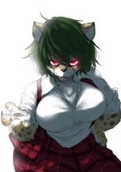  4_fingers absurd_res akira_(cookie) alternate_species anthro big_breasts breasts cheetah chest_tuft clothed clothing cookie_(touhou) felid feline female fingers fur furrification glowing glowing_eyes green_hair hair hi_res koishi_chikasa looking_at_viewer mammal markings pawpads red_eyes simple_background solo spots spotted_body spotted_fur touhou tuft white_background yuuka_kazami 