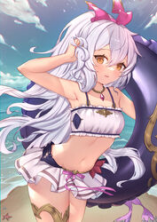  arm_up armpits bare_arms bare_shoulders beach bikini breasts cowboy_shot female frills granblue_fantasy hair_ribbon hand_in_own_hair highres holding holding_own_hair innertube jewelry leaning_forward long_hair looking_at_viewer medusa_(shingeki_no_bahamut) medusa_(summer)_(granblue_fantasy) midriff miniskirt navel necklace orange_eyes outdoors parted_lips ponytail ribbon skirt small_breasts solo standing stomach swim_ring swimsuit thigh_strap thighs uneg very_long_hair white_bikini white_hair white_skirt 