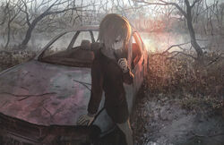  abandoned arm_support bare_tree blonde_hair blue_eyes car commentary dark female forest hand_up highres jacket looking_to_the_side motor_vehicle muted_color nature original outdoors pond scenery short_hair shorts solo sunlight tokunaga_akimasa tree turtleneck twig water wreckage zipper 