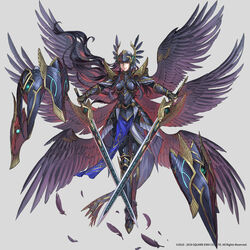  armor black_gloves black_hair closed_mouth dual_wielding feathered_wings feathers female fingerless_gloves floating floating_object full_body gloves greaves helmet highres holding holding_sword holding_weapon hrist_valkyrie long_hair multiple_wings nishiki_areku pauldrons purple_feathers purple_wings red_eyes shield shoulder_armor smile solo sword valkyrie_anatomia valkyrie_profile_(series) vambraces very_long_hair weapon wings 