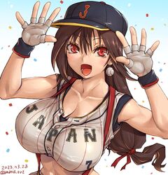  2023_world_baseball_classic amania_orz baseball baseball_cap baseball_uniform breasts brown_hair cleavage collarbone crop_top dated earrings female final_fantasy final_fantasy_vii final_fantasy_vii_remake fingerless_gloves gloves hair_between_eyes hair_ribbon hands_up hat jewelry large_breasts long_hair looking_at_viewer lower_teeth_only open_mouth red_eyes red_ribbon ribbon smile solo sportswear teeth tifa_lockhart upper_body very_long_hair white_gloves world_baseball_classic 