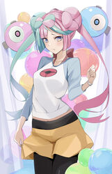  black_pantyhose blue_eyes blush breasts bright_pupils closed_mouth commentary_request cosplay cowboy_shot female green_hair hand_up highres iono_(pokemon) multicolored_hair nhb_haribote pantyhose pink_hair pokemon pokemon_bw2 pokemon_sv raglan_sleeves raised_eyebrows rosa_(pokemon) rosa_(pokemon)_(cosplay) shirt shorts shorts_tug solo twintails two-tone_hair white_pupils yellow_shorts 