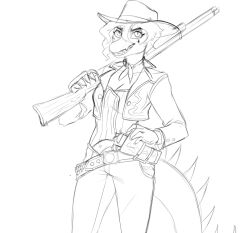  2024 5_fingers alternate_costume anthro baryonyx belt breasts claws cleavage clothed clothing cowboy_hat cowgirl_outfit dinosaur eyelashes female finger_claws fingers goodbye_volcano_high gun gun_holster hair handgun hat headgear headwear holding_gun holding_object holding_ranged_weapon holding_shotgun holding_weapon holster jacket long_tail monochrome mtf_crossgender nick_(gvh) prehistoric_species prometheuzone ranged_weapon reptile revolver rule_63 scalie sharp_teeth short_hair shotgun smile snout solo spiked_tail spikes spikes_(anatomy) spinosaurid tail teeth theropod topwear weapon 