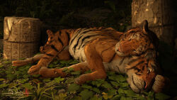  3d_(artwork) belly big_belly closed_eyes digital_media_(artwork) duo felid female feral hi_res hug laying_on_partner leaf lying lying_on_another male mammal on_side outside pantherine pregnant pregnant_female pregnant_feral ruins sherwood sleeping smile tail tiger 