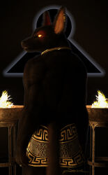  3d_(artwork) anthro anubian_jackal canid canine canis collar digital_media_(artwork) ear_piercing fire fur hi_res jackal looking_at_viewer looking_back looking_back_at_viewer male mammal muscular piercing rear_view sherwood signature solo tail 