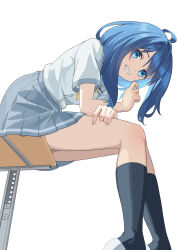  absurdres black_socks blue_eyes blue_hair blue_skirt blush female from_below highres long_hair looking_at_viewer make_heroine_ga_oo_sugiru! school_uniform shirt short_sleeves simple_background sitting skirt smile socks solo teeth wan_xing white_shirt yanami_anna 