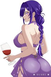  absurdres alcohol ass back backless_dress backless_outfit braid breasts dress female genshin_impact highres looking_back raiden_shogun sideboob solo sushi_02 vision_(genshin_impact) wine 